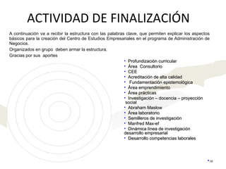 ACTIVIDAD DE FINALIZACIÓN A continuación va a recibir la estructura con las palabras clave, que permiten explicar los aspectos básicos para la creación del Centro de Estudios Empresariales en el programa de Administración de Negocios. Organizados en grupo  deben armar la estructura. Gracias por sus  aportes Profundización curricular Área  Consultorio CEE Acreditación de alta calidad Fundamentación epistemológica Área emprendimiento Área prácticas Investigación – docencia – proyección  social Abraham Maslow Área laboratorio Semilleros de investigación Manfred Max-ef Dinámica línea de investigación desarrollo empresarial Desarrollo competencias laborales  