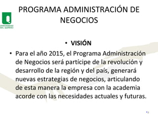 PROGRAMA ADMINISTRACIÓN DE NEGOCIOS VISIÓN  Para el año 2015, el Programa Administración de Negocios será partícipe de la revolución y desarrollo de la región y del país, generará nuevas estrategias de negocios, articulando de esta manera la empresa con la academia acorde con las necesidades actuales y futuras. 