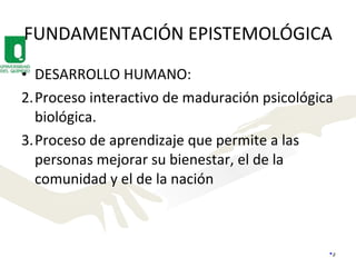 FUNDAMENTACIÓN EPISTEMOLÓGICA DESARROLLO HUMANO: Proceso interactivo de maduración psicológica biológica. Proceso de aprendizaje que permite a las personas mejorar su bienestar, el de la comunidad y el de la nación 