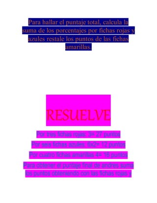 Para hallar el puntaje total, calcula la
suma de los porcentajes por fichas rojas y
azules restale los puntos de las fichas
amarillas.
RESUELVE
Por tres fichas rojas: 3= 27 puntos
Por seis fichas azules: 6x2= 12 puntos
Por cuatro fichas amarillas 4= 16 puntos
Para obtener el puntaje final de andres suma
los puntos obteniendo con las fichas rojas y
 