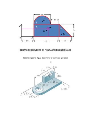 CENTRO DE GRAVEDAD EN FIGURAS TRIDIMENSIONALES
Dada la siguiente figura determinar el centro de gravedad
O
X
Y
4 m
2 m
3 m
3 m 6 m 3 m
1
2
1
3
1
G1
G2
G3
G
 
