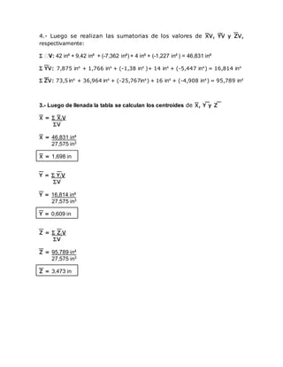 4.- Luego se realizan las sumatorias de los valores de V, YV y ZV,
respectivamente:
 V: 42 in4 + 9,42 in4 + (-7,362 in4) + 4 in4 + (-1,227 in4 ) = 46,831 in4
 YV: 7,875 in4
+ 1,766 in4
+ (-1,38 in4
)+ 14 in4
+ (-5,447 in4
) = 16,814 in4
 ZV: 73,5 in4
+ 36,964 in4
+ (-25,767in4
) + 16 in4
+ (-4,908 in4
) = 95,789 in4
3.- Luego de llenada la tabla se calculan los centroides de , Y y Z
=  i V
V
= 46,831 in4
27,575 in3
= 1,698 in
Y =  Yi V
V
Y = 16,814 in4
27,575 in3
Y = 0,609 in
Z =  Zi V
V
Z = 95,789 in4
27,575 in3
Z = 3,473 in
 