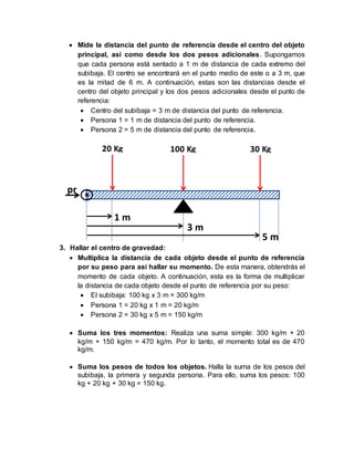  Mide la distancia del punto de referencia desde el centro del objeto
principal, así como desde los dos pesos adicionales. Supongamos
que cada persona está sentado a 1 m de distancia de cada extremo del
subibaja. El centro se encontrará en el punto medio de este o a 3 m, que
es la mitad de 6 m. A continuación, estas son las distancias desde el
centro del objeto principal y los dos pesos adicionales desde el punto de
referencia:
 Centro del subibaja = 3 m de distancia del punto de referencia.
 Persona 1 = 1 m de distancia del punto de referencia.
 Persona 2 = 5 m de distancia del punto de referencia.
3. Hallar el centro de gravedad:
 Multiplica la distancia de cada objeto desde el punto de referencia
por su peso para así hallar su momento. De esta manera, obtendrás el
momento de cada objeto. A continuación, esta es la forma de multiplicar
la distancia de cada objeto desde el punto de referencia por su peso:
 El subibaja: 100 kg x 3 m = 300 kg/m
 Persona 1 = 20 kg x 1 m = 20 kg/m
 Persona 2 = 30 kg x 5 m = 150 kg/m
 Suma los tres momentos: Realiza una suma simple: 300 kg/m + 20
kg/m + 150 kg/m = 470 kg/m. Por lo tanto, el momento total es de 470
kg/m.
 Suma los pesos de todos los objetos. Halla la suma de los pesos del
subibaja, la primera y segunda persona. Para ello, suma los pesos: 100
kg + 20 kg + 30 kg = 150 kg.
100 Kg20 Kg 30 Kg
pr
1 m
3 m
5 m
 