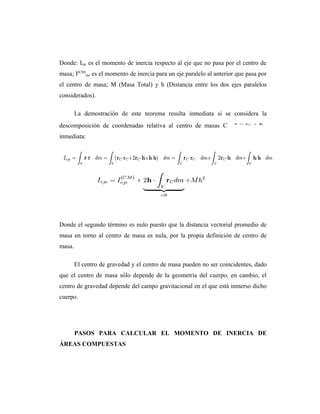Donde: Ieje es el momento de inercia respecto al eje que no pasa por el centro de
masa; I(CM)eje es el momento de inercia para un eje paralelo al anterior que pasa por
el centro de masa; M (Masa Total) y h (Distancia entre los dos ejes paralelos
considerados).

        La demostración de este teorema resulta inmediata si se considera la
descomposición de coordenadas relativa al centro de masas C
inmediata:




Donde el segundo término es nulo puesto que la distancia vectorial promedio de
masa en torno al centro de masa es nula, por la propia definición de centro de
masa.

        El centro de gravedad y el centro de masa pueden no ser coincidentes, dado
que el centro de masa sólo depende de la geometría del cuerpo, en cambio, el
centro de gravedad depende del campo gravitacional en el que está inmerso dicho
cuerpo.




        PASOS PARA CALCULAR EL MOMENTO DE INERCIA DE
ÁREAS COMPUESTAS
 
