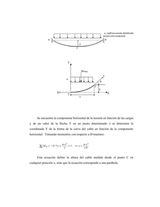 Se encuentra la componente horizontal de la tensión en función de las cargas
y de un valor de la flecha Y en un punto determinado o se determina la
coordenada Y de la forma de la curva del cable en función de la componente
horizontal. Tomando momentos con respecto a D tenemos:




     Esta ecuación define la altura del cable medida desde el punto C en
cualquier posición x, note que la ecuación corresponde a una parábola.
 