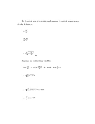 En el caso de tener el centro de coordenadas en el punto de tangencia cero,
el valor de dy/dx es:




                        dx

      Haciendo una sustitución de variables:
 