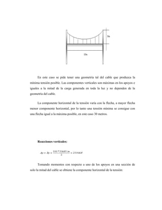 En este caso se pide tener una geometría tal del cable que produzca la
mínima tensión posible. Las componentes verticales son máximas en los apoyos e
iguales a la mitad de la carga generada en toda la luz y no dependen de la
geometría del cable.

     La componente horizontal de la tensión varía con la flecha, a mayor flecha
menor componente horizontal, por lo tanto una tensión mínima se consigue con
una flecha igual a la máxima posible, en este caso 30 metros.




     Reacciones verticales:




     Tomando momentos con respecto a uno de los apoyos en una sección de
solo la mitad del cable se obtiene la componente horizontal de la tensión:
 