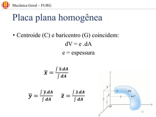 Placa plana homogênea
• Centroide (C) e baricentro (G) coincidem:
dV = e .dA
e = espessura
ഥ
𝒙 =
‫׬‬ ෥
𝒙.𝒅𝑨
‫׬‬ 𝒅𝑨
ഥ
𝒚 =
‫׬‬ ෥
𝒚.𝒅𝑨
‫׬‬ 𝒅𝑨
ത
𝒛 =
‫׬‬ ෤
𝒛.𝒅𝑨
‫׬‬ 𝒅𝑨
Mecânica Geral – FURG
12
 