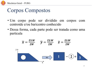 Corpos Compostos
• Um corpo pode ser dividido em corpos com
centroide e/ou baricentro conhecido
• Dessa forma, cada parte pode ser tratada como uma
partícula
ഥ
𝒙 =
𝜮෥
𝒙.𝑾
𝜮𝑾
ഥ
𝒚 =
𝜮෥
𝒚.𝑾
𝜮𝑾
ത
𝒛 =
𝜮෤
𝒛.𝑾
𝜮𝑾
Mecânica Geral – FURG
x
y
+
_
= 1 2 3
14
 