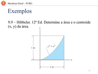 Exemplos
9.9 – Hibbeler. 12ª Ed. Determine a área e o centroide
(x, y) da área.
Mecânica Geral – FURG
15
 