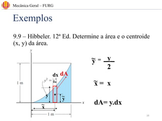 Exemplos
9.9 – Hibbeler. 12ª Ed. Determine a área e o centroide
(x, y) da área.
Mecânica Geral – FURG
y
y
~
x
~
dx dA
y
~ = _y_
2
x
~ = x
dA= y.dx
16
 