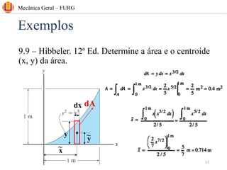Exemplos
9.9 – Hibbeler. 12ª Ed. Determine a área e o centroide
(x, y) da área.
Mecânica Geral – FURG
y
y
~
x
~
dx dA
17
 