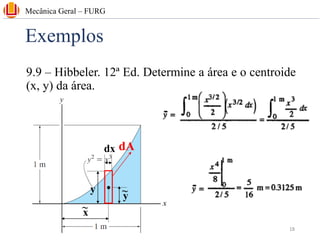 Exemplos
9.9 – Hibbeler. 12ª Ed. Determine a área e o centroide
(x, y) da área.
Mecânica Geral – FURG
y
y
~
x
~
dx dA
18
 