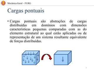 Cargas pontuais
• Cargas pontuais são abstrações de cargas
distribuídas em domínios com dimensões
características pequenas comparadas com as do
elemento estrutural ao qual estão aplicadas ou de
representação de um sistema resultante equivalente
de forças distribuídas.
Mecânica Geral – FURG
2
 
