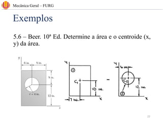 Exemplos
5.6 – Beer. 10ª Ed. Determine a área e o centroide (x,
y) da área.
Mecânica Geral – FURG
22
 