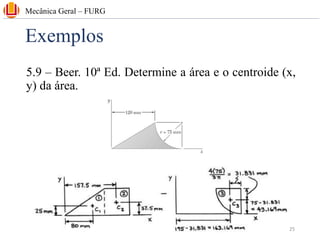 Exemplos
5.9 – Beer. 10ª Ed. Determine a área e o centroide (x,
y) da área.
Mecânica Geral – FURG
25
 