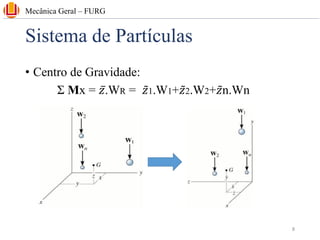 Sistema de Partículas
• Centro de Gravidade:
Σ Mx = ҧ
𝑧.WR = ǁ
𝑧1.W1+ ǁ
𝑧2.W2+ ǁ
𝑧n.Wn
Mecânica Geral – FURG
8
 