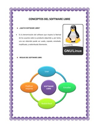 CONCEPTOS DEL SOFTWARE LIBRE

¿QUÉ ES SOFTWARE LIBRE?


Es la denominación del software que respeta la libertad
de los usuarios sobre su producto adquirido y, por tanto,
una vez obtenido puede ser usado, copiado, estudiado,
modificado, y redistribuido libremente.




REGLAS DEL SOFTWARE LIBRE:




                                   Usar




        Publicar                  SOFTWARE
        mejoras                     LIBRE
                                                            Estudiar




                              Redistribuir
 