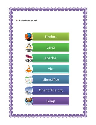 ALGUNAS APLICACIONES:




                           Firefox.

                            Linux

                           Apache.

                             Vlc.

                          Libreoffice

                        Openoffice.org

                            Gimp
 