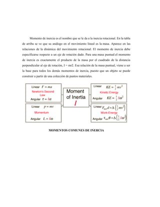Momento de inercia es el nombre que se le da a la inercia rotacional. En la tabla
de arriba se ve que su análogo en el movimiento lineal es la masa. Aparece en las
relaciones de la dinámica del movimiento rotacional. El momento de inercia debe
especificarse respecto a un eje de rotación dado. Para una masa puntual el momento
de inercia es exactamente el producto de la masa por el cuadrado de la distancia
perpendicular al eje de rotación, I = mr2. Esa relación de la masa puntual, viene a ser
la base para todos los demás momentos de inercia, puesto que un objeto se puede
construir a partir de una colección de puntos materiales.
MOMENTOS COMUNES DE INERCIA
 