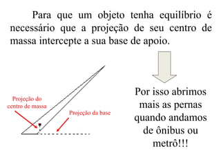 Por isso abrimos mais as pernas quando andamos de ônibus ou metrô!!! Para que um objeto tenha equilíbrio é necessário que a projeção de seu centro de massa intercepte a sua base de apoio.   Projeção do centro de massa Projeção da base 
