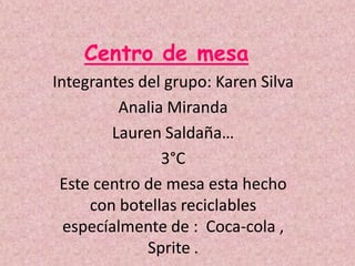 Centro de mesa
Integrantes del grupo: Karen Silva
         Analia Miranda
        Lauren Saldaña…
               3°C
 Este centro de mesa esta hecho
     con botellas reciclables
  especíalmente de : Coca-cola ,
             Sprite .
 