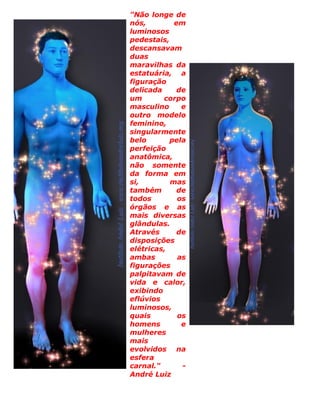 "Não longe de
nós,        em
luminosos
pedestais,
descansavam
duas
maravilhas da
estatuária, a
figuração
delicada     de
um       corpo
masculino     e
outro modelo
feminino,
singularmente
belo       pela
perfeição
anatômica,
não somente
da forma em
si,        mas
também       de
todos        os
órgãos e as
mais diversas
glândulas.
Através      de
disposições
elétricas,
ambas        as
figurações
palpitavam de
vida e calor,
exibindo
eflúvios
luminosos,
quais        os
homens        e
mulheres
mais
evolvidos na
esfera
carnal."      -
André Luiz
 