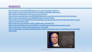 WEBGRAFÍA
https://trustnet.com.mx/2020/08/19/que-son-los-centros-de-datos-moviles-2/
https://elpais.com/tecnologia/2019/10/31/actualidad/1572543489_687316.html
https://platzi.com/blog/que-es-ibm-cloud-y-como-funciona/
https://www.muycomputerpro.com/2020/03/02/descubre-lo-que-ibm-cloud-puede-hacer-por-tu-empresa
https://www.muycomputerpro.com/2018/06/11/ibm-centros-de-datos
https://blogs.oracle.com/oracle-latinoamerica/despues-del-segundo-data-center-en-india-oracle-planea-nuevas-
regiones-cloud-en-brasil-y-chile
http://www.china.org.cn/business/2015-10/09/content_36772072.htm
https://www.itprotoday.com/iaaspaas/alibaba-s-cloud-business-expands-hong-kong-data-center
https://www.tecon.es/data-center-los-data-center-microsoft/
https://appleinsider.com/articles/20/09/03/apples-viborg-denmark-data-center-is-operational-powered-100-by-
clean-energy
SJM Computación 4.0 67
 