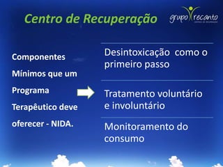Centro de Recuperação

Componentes        Desintoxicação como o
                   primeiro passo
Mínimos que um
Programa           Tratamento voluntário
Terapêutico deve   e involuntário
oferecer - NIDA.   Monitoramento do
                   consumo
 