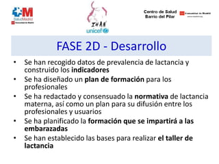 FASE 2D - Desarrollo
• Se han recogido datos de prevalencia de lactancia y
construido los indicadores
• Se ha diseñado un plan de formación para los
profesionales
• Se ha redactado y consensuado la normativa de lactancia
materna, así como un plan para su difusión entre los
profesionales y usuarios
• Se ha planificado la formación que se impartirá a las
embarazadas
• Se han establecido las bases para realizar el taller de
lactancia
 