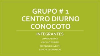GRUPO # 1
CENTRO DIURNO
CONOCOTO
INTEGRANTES
CHARRO BRYAN
CRIOLLO WILMER
RONQUILLO EVELYN
SANCHEZ FERNANDO
 