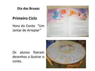 Dia das Bruxas

Primeiro Ciclo
Hora do Conto “Um
Jantar de Arrepiar”

Os alunos fizeram
desenhos a ilustrar o
conto.

 