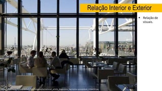 Relação Interior e Exterior
 Relação de
visuais.
http://www.france.fr/sites/default/files/imagecache/carousel_article_diaporama_big/centre-pompidou6_618x410.jpg
 