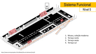 Sistema Funcional
1. Museu, coleção moderna
2. Terraço norte
3. Terraço oeste
4. Terraço sul
https://www.centrepompidou.fr/en/Media/Plan-du-batiment/(niv)/0
Nível 5
 