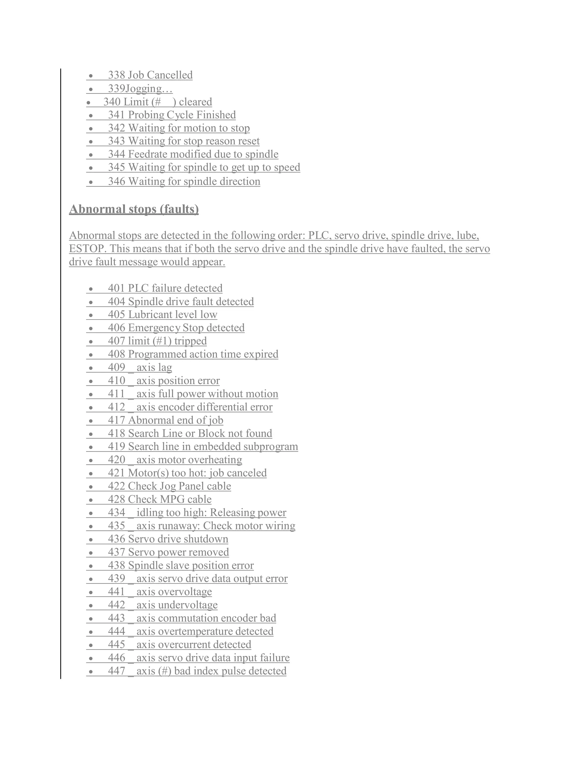  338 Job Cancelled 
 339Jogging… 
 340 Limit (# ) cleared 
 341 Probing Cycle Finished 
 342Waiting for motion to stop 
 343Waiting for stop reason reset 
 344 Feedrate modified due to spindle 
 345Waiting for spindle to get up to speed 
 346Waiting for spindle direction 
Abnormal stops (faults) 
Abnormal stops are detected in the following order: PLC, servo drive, spindle drive, lube, 
ESTOP. This means that if both the servo drive and the spindle drive have faulted, the servo 
drive fault message would appear. 
 401 PLC failure detected 
 404 Spindle drive fault detected 
 405 Lubricant level low 
 406 Emergency Stop detected 
 407 limit (#1) tripped 
 408 Programmed action time expired 
 409 _ axis lag 
 410 _ axis position error 
 411 _ axis full power without motion 
 412 _ axis encoder differential error 
 417 Abnormal end of job 
 418 Search Line or Block not found 
 419 Search line in embedded subprogram 
 420 _ axis motor overheating 
 421 Motor(s) too hot: job canceled 
 422 Check Jog Panel cable 
 428 Check MPG cable 
 434 _ idling too high: Releasing power 
 435 _ axis runaway: Check motor wiring 
 436 Servo drive shutdown 
 437 Servo power removed 
 438 Spindle slave position error 
 439 _ axis servo drive data output error 
 441 _ axis overvoltage 
 442 _ axis undervoltage 
 443 _ axis commutation encoder bad 
 444 _ axis overtemperature detected 
 445 _ axis overcurrent detected 
 446 _ axis servo drive data input failure 
 447 _ axis (#) bad index pulse detected 
 