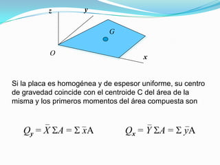 Si la placa es homogénea y de espesor uniforme, su centro
de gravedad coincide con el centroide C del área de la
misma y los primeros momentos del área compuesta son
x
yz
O
G
Qy = X A = xA Qx = Y A = yA
 