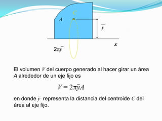 x
2 y
y
A
C
El volumen V del cuerpo generado al hacer girar un área
A alrededor de un eje fijo es
en donde y representa la distancia del centroide C del
área al eje fijo.
V = 2 yA
 