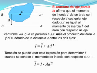 El teorema del eje parale-
lo afirma que el momento
de inercia I de un área con
respecto a cualquier eje
dado AA’ es igual al
momento de inercia I del
área con respecto al eje
I = I + Ad 2
A
B’
A’
B
d
c
centroidal BB’que es paralelo a AA’ más el producto del área A
y el cuadrado de la distancia d entre los dos ejes:
También se puede usar esta expresión para determinar I
cuando se conoce el momento de inercia con respecto a AA’:
I = I - Ad 2
 
