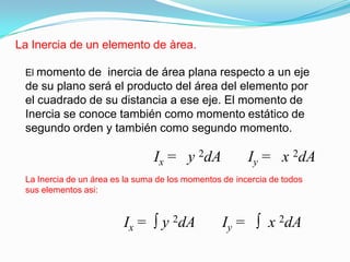 El momento de inercia de área plana respecto a un eje
de su plano será el producto del área del elemento por
el cuadrado de su distancia a ese eje. El momento de
Inercia se conoce también como momento estático de
segundo orden y también como segundo momento.
La Inercia de un elemento de àrea.
Ix = y 2dA Iy = x 2dA
La Inercia de un área es la suma de los momentos de incercia de todos
sus elementos asi:
Ix = ∫ y 2dA Iy = ∫ x 2dA
 