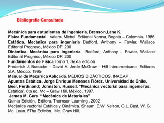 .
Mecánica para estudiantes de Ingenieria. Branson,Lane K.
Física Fundamental. Valero, Michel. Editorial Norma, Bogotá – Colombia. 1986
Estática. Mecánica para ingeniería Bedford, Anthony – Fowler, Wallace
Editorial Progreso, México DF. 200
Dinámica. Mecánica para ingeniería Bedford, Anthony – Fowler, Wallace
Editorial Progreso, México DF. 200
Fundamentos de Física Tomo 1, Sexta edición
Frederick J. Buecche – David A. Jerde McGraw – Hill Interamericana Editores
S.A. México. 1995
Manual de Mecanica Aplicada. MEDIOS DIDÁCTICOS. INACAP
Apuntes Estática. Jorge Enrique Meneses Flórez. Universidad de Chile.
Beer, Ferdinand; Johnston, Russell. “Mecánica vectorial para ingenieros:
Estática”, 6ta ed. Mc – Graw Hill, México. 1997.
James M. Gere “Mecánica de Materiales”
Quinta Edición, Editora. Thomson Learning , 2002
Mecànica vectorial Estática y Dinámica. Shaum. E.W. Nelson, C.L. Best, W. G.
Mc. Lean. 5Tha Edición. Mc. Graw Hill.
Bibliografía Consultada
 