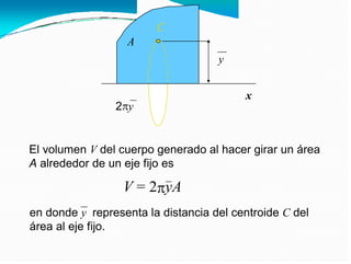 C
A
y
x
2 y
El volumen V del cuerpo generado al hacer girar un área
A alrededor de un eje fijo es
V = 2 yA
en donde y representa la distancia del centroide C del
área al eje fijo.
 
