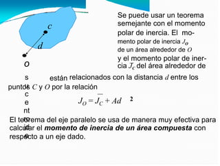 Se puede usar un teorema
semejante con el momento
c
polar de inercia. El mo-
mento polar de inercia JO
de un área alrededor de O
y el momento polar de iner-
cia JC del área alrededor de
relacionados con la distancia d entre los
d
o
s
u
c
e
nt
ro
id
e
están
puntos C y O por la relación
2
JO = JC + Ad
El teorema del eje paralelo se usa de manera muy efectiva para
calcular el momento de inercia de un área compuesta con
respecto a un eje dado.
 