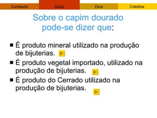 Sobre o capim dourado pode-se dizer que : É produto mineral utilizado na produção de bijuterias. É produto vegetal importado, utilizado na produção de bijuterias.  É produto do Cerrado utilizado na produção de bijuterias. 