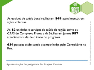 Apresentação do programa De Braços Abertos
As equipes de saúde bucal realizaram 849 atendimentos em
ações coletivas.
As 12 unidades e serviços de saúde da região, como os
CAPS do Complexo Prates e da Sé, fizeram juntos 987
atendimentos desde o início do programa.
634 pessoas estão sendo acompanhadas pelo Consultório na
Rua.
Fonte:http://www.capital.sp.gov.br/portal/noticia/3377de26dejunhode2014
 