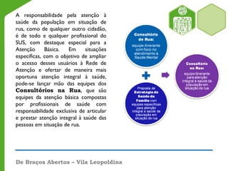 A responsabilidade pela atenção à
saúde da população em situação de
rua, como de qualquer outro cidadão,
é de todo e qualquer profissional do
SUS, com destaque especial para a
Atenção Básica. Em situações
específicas, com o objetivo de ampliar
o acesso desses usuários à Rede de
Atenção e ofertar de maneira mais
oportuna atenção integral à saúde,
pode-se lançar mão das equipes dos
Consultórios na Rua, que são
equipes da atenção básica compostas
por profissionais de saúde com
responsabilidade exclusiva de articular
e prestar atenção integral à saúde das
pessoas em situação de rua.
De Braços Abertos – Vila Leopoldina
 