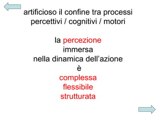 artificioso il confine tra processi
percettivi / cognitivi / motori
la percezione
immersa
nella dinamica dell’azione
è
complessa
flessibile
strutturata

 