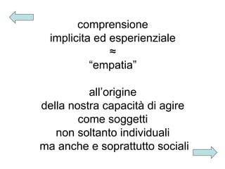 comprensione
implicita ed esperienziale
≈
“empatia”
all’origine
della nostra capacità di agire
come soggetti
non soltanto individuali
ma anche e soprattutto sociali

 
