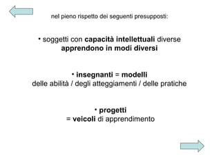 nel pieno rispetto dei seguenti presupposti:

• soggetti con capacità intellettuali diverse
apprendono in modi diversi
• insegnanti = modelli
delle abilità / degli atteggiamenti / delle pratiche
• progetti
= veicoli di apprendimento

 