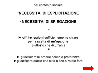 nel contesto sociale:

•NECESSITA’ DI ESPLICITAZIONE
• NECESSITA’ DI SPIEGAZIONE
=
► offrire ragioni sufficientemente chiare
per la scelta di un’opzione
piuttosto che di un’altra
=
► giustificare le proprie scelte e preferenze
►giustificare quello che si fa o che si vuole fare

 