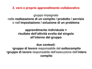 2. vero e proprio apprendimento collaborativo
gruppo impegnato
nella realizzazione di un compito / prodotto / servizio
o nell’impostazione / soluzione di un problema
apprendimento individuale =
risultato dell’attività svolta dal singolo
all’interno del gruppo
due contesti:
•gruppo di lavoro responsabile del sottocompito
•gruppo di lavoro responsabile dell’esecuzione dell’intero
compito

 